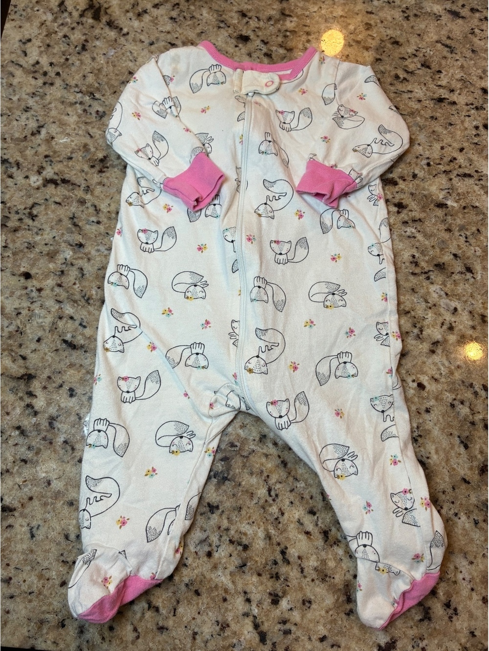Gerber Baby Footed Sleeper Pajamas 0-3M White Pink Fox Print 100% Cotton